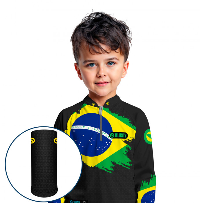 Combo Premium - Pro Elite Brasil Black Pesca Esportiva - Camisa + Punho Luva + Máscara Premium DryUv50+ - Infantil