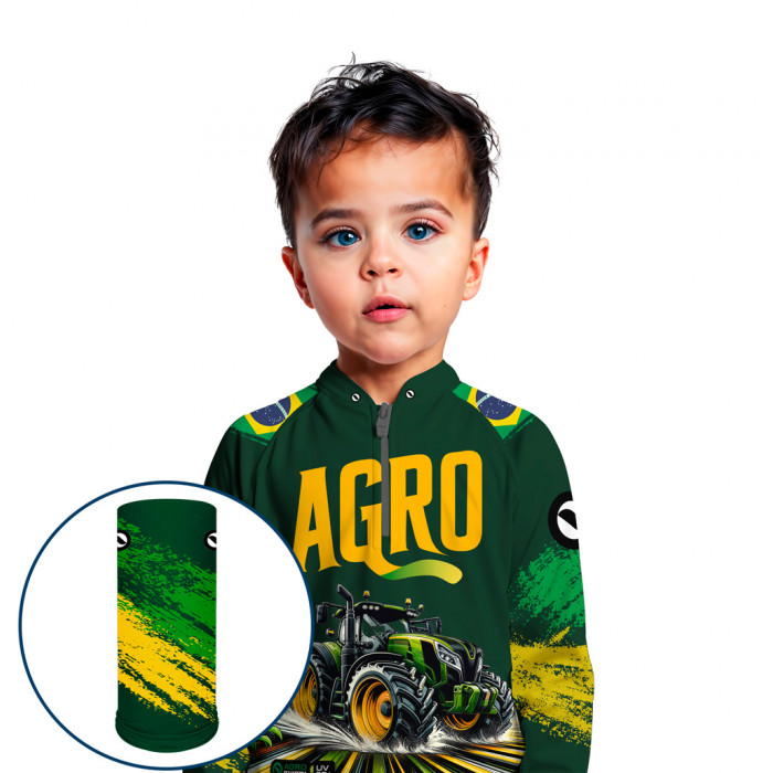 Combo Premium - Pro Elite Brasil Agroforte - Agro Sports - Camisa + Punho Luva + Máscara Premium DryUv50+ - Infantil