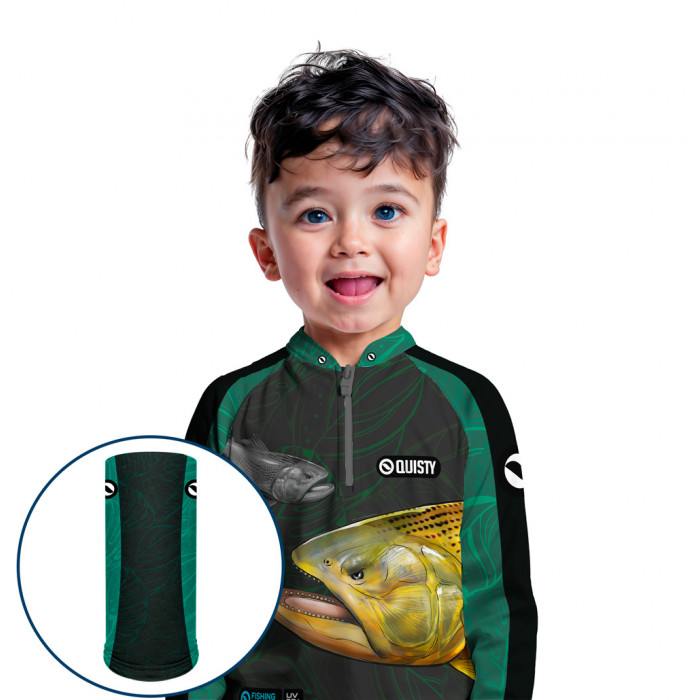 Combo Premium - Pro Elite Dourado Rei do Rio Azul Pesca Esportiva - Camisa + Punho Luva + Máscara Premium DryUv50+ - Infantil
