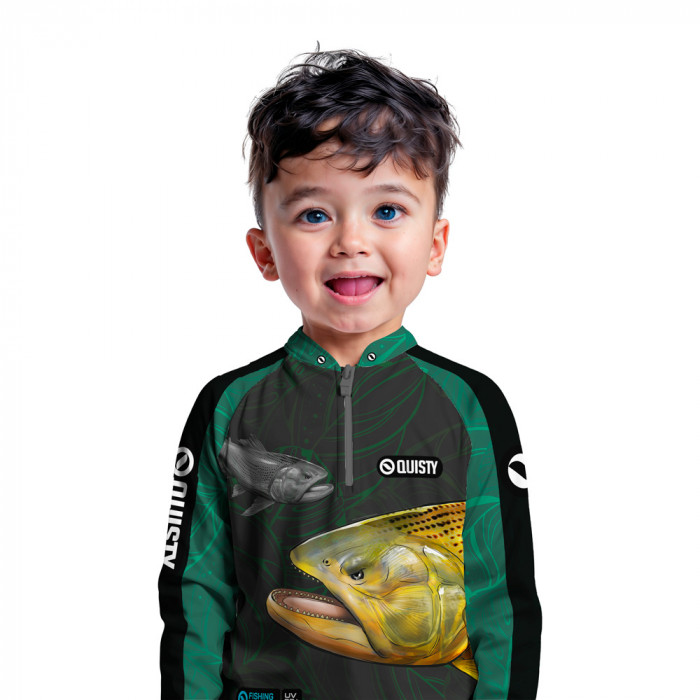 Camisa Premium - Pro Elite Dourado Rei do Rio Azul Pesca Esportiva - DryUv50 + Punho Luva - Infantil