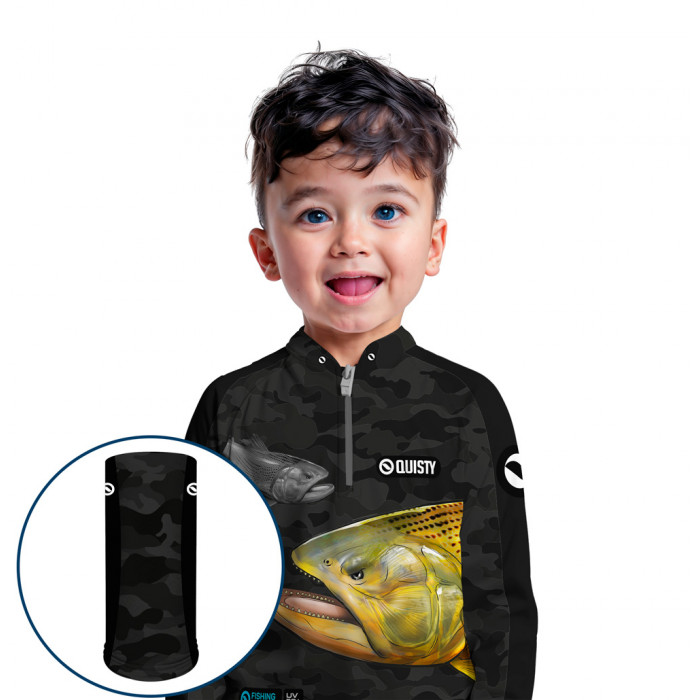 Combo Premium - Pro Elite Dourado Rei do Rio Black Pesca Esportiva - Camisa + Punho Luva + Máscara Premium DryUv50+ - Infantil