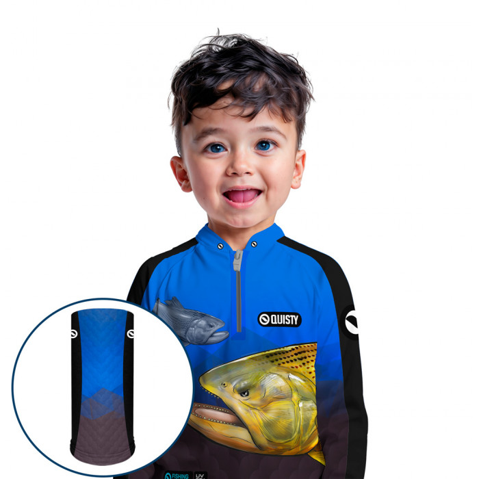 Combo Premium - Pro Elite Dourado Rei do Rio Pesca Esportiva - Camisa + Punho Luva + Máscara Premium DryUv50+ - Infantil