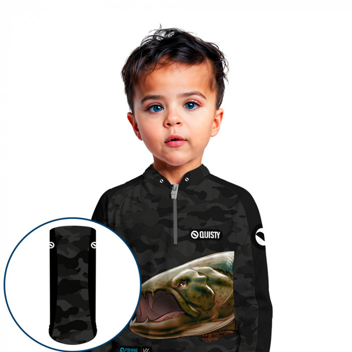 Combo Premium - Pro Elite Trairão Pesca Esportiva - Camisa + Punho Luva + Máscara Premium DryUv50+ - Infantil
