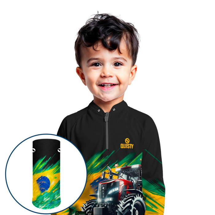 Combo Premium Infantil - Pro Elite Trator da Nossa Terra- Agro Sports- Camisa + Punho Luva + Máscara Premium Infantil DryUv50+- Produção Turbo! 