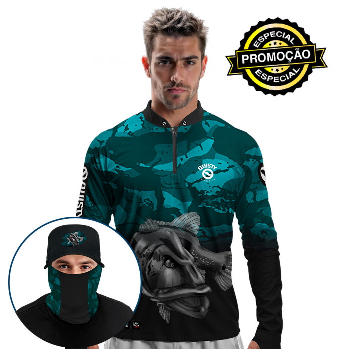 Super Combo Premium - Pro Elite Tucunaré Cyan Pesca Esportiva - Camisa + Punho Luva + Máscara + Boné Tela DryUv50+