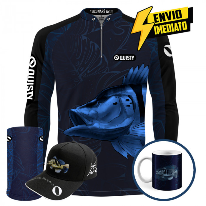 Super Combo Premium - Pro Elite Tucunaré Azul Blue Pesca Esportiva - Camisa  + Punho Luva + Máscara