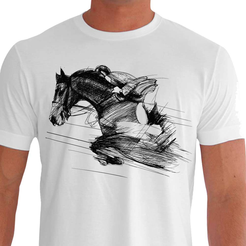 Camiseta Hipismo Cavaleiro e Cavalo Qualidade Técnica Salto Costas Branca