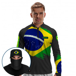 Super Combo Premium - Pro Elite Brasil Black Pesca Esportiva - Camisa + Punho Luva + Máscara Premium + Boné Tela DryUv50+