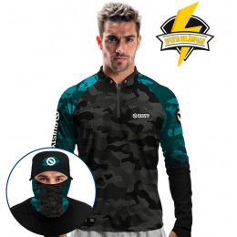 Super Combo Premium - Pro Elite Cyan Black - Camisa + Punho Luva + Máscara Premium + Boné com Rede DryUv50+