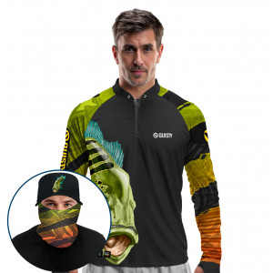 Super Combo Premium - Pro Elite Tucunaré Bravo do Brasil - Camisa + Punho Luva + Máscara Premium + Boné Tela DryUv50+