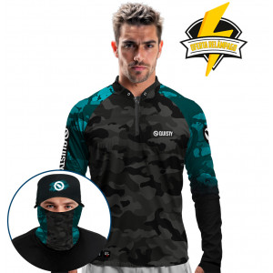 Super Combo Premium - Pro Elite Cyan Black - Camisa + Punho Luva + Máscara Premium + Boné com Rede DryUv50+