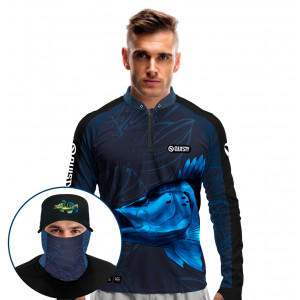 Super Combo Premium - Pro Elite Tucunaré Azul Blue Pesca Esportiva - Camisa + Punho Luva + Máscara Premium + Boné Tela DryUv50+